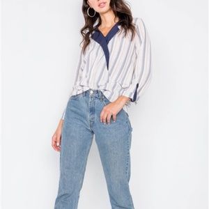 Navy Front Wrap Long Sleeve Blouse